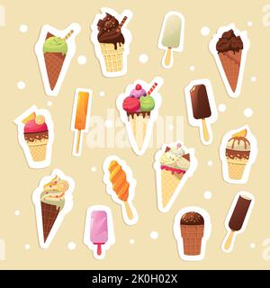 Eisaufkleber. Cartoon niedlich isoliert Abzeichen von kalten süßen Sommer Desserts, bunte Kinder Embleme und Papier Aufkleber Sammlung. Vektorset Stock Vektor