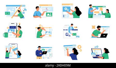 Web-Entwicklungskonzept. Moderne Charaktere erstellen mobile Webseite, Software-Entwickler arbeiten an Corporate UI, Code und Programm für Website. Vektor Stock Vektor