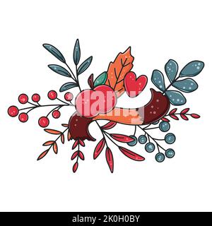 Gemütliche Komposition mit Strickschal, roten Äpfeln und Herbstblättern. Niedliches digitales Herbstdesign mit Laub. Handgezeichneter isolierter Dekorationsvektor Stock Vektor