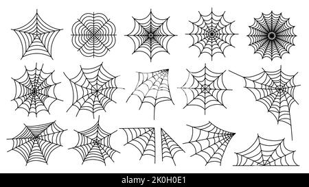 Spinnennetz. Halloween Spinnennetz Silhouetten Linie Skizze Stil, unheimlich einfach verworren Netz Rahmen und Ecke für die Dekoration. Vektor-isolierter Satz Stock Vektor