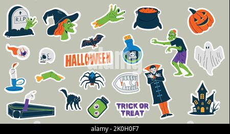 Halloween-Aufkleber. Niedliche Cartoon gruselige traditionelle Charaktere, Trick or treats Urlaub Dekoration Kollektion flache Stil, Herbstfeier Abzeichen Stock Vektor