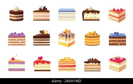 Cartoon-Stück Kuchen. Verschiedene bunte Kuchen Scheiben, Käfig und Restaurant süßen Dessert mit Sahneglasur Früchte und Kekse. Vector Gebäckstücke Set Stock Vektor