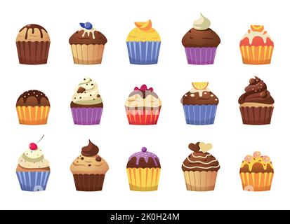 Cartoon Cupcakes. Leckere Muffins mit Rahm und Streuseln, bunte süße Desserts zum Feiern oder Frühstück, Backwaren mit Tüpfelchen Stock Vektor