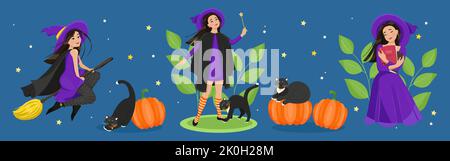 Weibliche Charaktere für Halloween Set. Eine niedliche Hexe im Umhang und Strümpfe fliegen auf einem Besenstiel, eine schwarze Katze, Kürbisse. Vektorgrafik Stock Vektor
