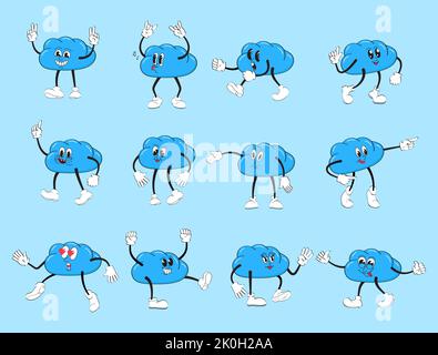 Cloud Maskottchen im Retro-Stil. Planet mit Handschuhen. Sky Sticker Pack von lustigen Comic-Figuren im Stil von 90s. Stock Vektor