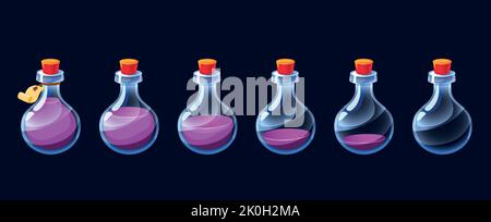 Leere Tränkflasche. Cartoon-Spiel Elixier Verwendung Sequenz Symbol Asset, bunte Zaubertrank Animation Frames Kit. Vektorgift und Gegengift-Piktogramme Stock Vektor