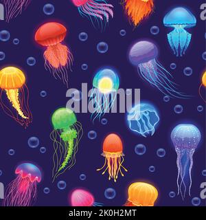Quallen-Muster. Nahtloser Druck von niedlichen bunten Cartoon Meerestier, transparente Unterwasser-Kreaturen in verschiedenen Formen und Farben. Vektorstruktur Stock Vektor