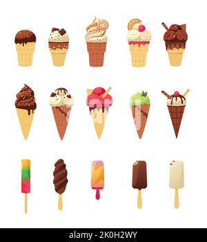 Cartoon-Eis. Süße bunte Sommer süße kalte Dessert in verschiedenen Formen in cons auf Sticks mit Belag und Früchte. Vector isolierte kalte Fast Food Stock Vektor