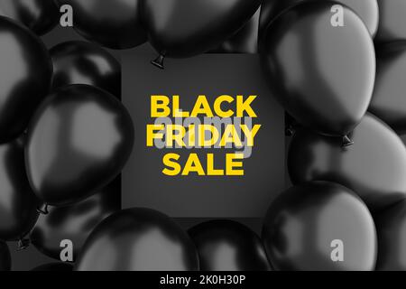 Black friday Sale, Rabatt und Shopping-Konzept. Schwarze Luft Helium Ballons um ein schwarzes Schild mit dem Wort schwarzer freitag. 3D Rendern. Stockfoto