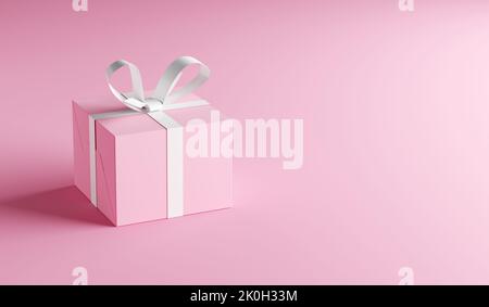 Rosa Geschenkbox mit weißem Band auf rosa Hintergrund mit Kopierfläche. 3D Rendern. Stockfoto