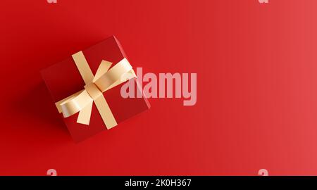 Rote Geschenkbox mit weißem Band auf rotem Hintergrund mit Kopierplatz. 3D Rendern. Stockfoto