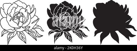 Peonies SVG-Umriss. Handgezeichnete Pfingstrosen Florals Silhouette. Eine Linie Peony Blumen Iilustration. Vector Peonies isolierte Ilustration. Stock Vektor