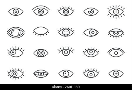 Umreißen Sie Augensymbole. Einfache dünne Linie Augapfel Wimpern Zeichen, menschliches Sehvermögen Gesundheit Wissenschaft Medizin Konzept. Vektor-isolierte Sammlung Stock Vektor