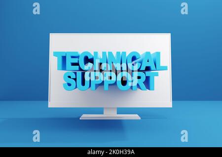 Konzept des technischen Online-Supports. Das Wort technische Unterstützung knallt aus dem pc-Bildschirm. 3D Rendern. Stockfoto