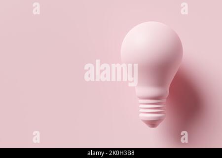 Rosa Glühbirne auf rosa Hintergrund. 3D Rendern. Kreatives Denken, Idee, Innovation und Inspirationskonzept. 3D Rendern. Stockfoto