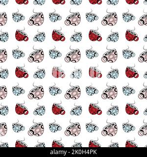 Nahtloses Muster mit Kaffeebohnen und abstrakt stilisiertem Becher in trendigen Farbtönen. Isolieren. Linie Art. Druckdesign. Lifestyle. Glücklicher Tag mit Kaffee. Geeignet für Poster, Tapeten, Glückwünsche, Karten Stock Vektor