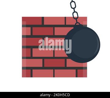 Zerstörende Ziegelwand mit Metall-bal, Abrissball Logo-Design. Instandhaltungstool für Baumaschinen. Abriss, Umriss zerstörende Kugel an der Wand. Stock Vektor