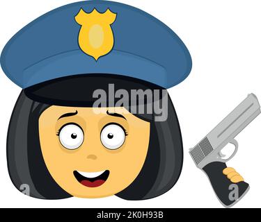 Vektor-Emoji-Illustration des Gesichts einer gelben Cartoon-Polizistin mit einer Schusswaffe in der Hand Stock Vektor