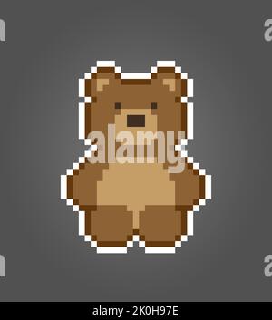 Pixel 8 Bit Brauner Bär sitzt. Tierische Spielelemente in Vektorgrafik. Stock Vektor
