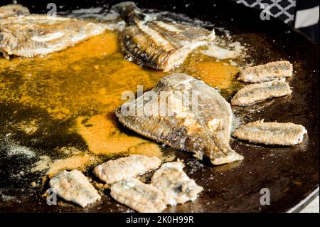 Gebratene europäische Flunder, auch bekannt als Plattfisch in der Pfanne, macht leckere Fischgericht. Stockfoto