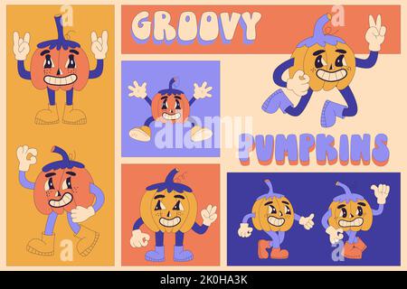 Groovige Halloween Kürbisse Comic-Figuren. Set von Vektor-Comic-Illustrationen mit Kürbissen im trendigen Retro-Cartoon-Stil Stock Vektor