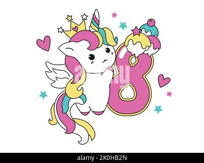 Niedliche Einhorn-Kollektion im Kawaii-Stil mit der Nummer acht. Happy Birthday Konzept für einen Monat oder ein Jahr. Vektorgrafik mit einem Zeichen für Stock Vektor