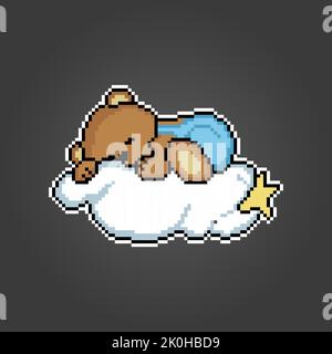 Pixel 8 Bit brauner Bär, der über den Wolken schläft. Tierische Spielelemente in Vektorgrafik. Stock Vektor