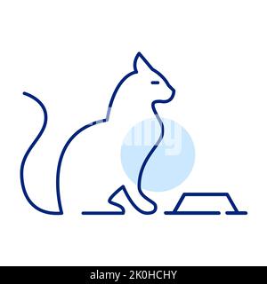 Katze sitzt vor einer Futterschale. Symbol für Haustierzubehör. Pixelgenaue, bearbeitbare Kontur Stock Vektor