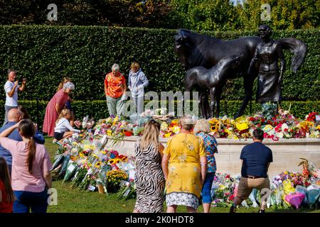 Newmarket, Großbritannien. 11. September 2022. Nach ihrem Tod am 8.. September wurde Königin Elizabeth II. Mit einer von Etienne Millner entworfenen Bronzestatue, die sich am Eingang der Rennbahn Newmarket befindet, ein Geschenk der Stadt im Jahr ihres 90.. Geburtstages, geblümt. Kredit: Mark Bullimore/Alamy Live Nachrichten Stockfoto