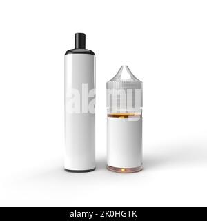 Ein schwarzer Vape mit einer 30ml E-Liquid-Saftflasche und weißen Etiketten isoliert auf weißem Hintergrund mit Platz für Mockups. 3D Darstellung der Illustration Stockfoto