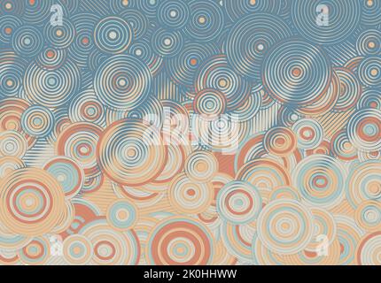 Abstrakter psychedelischer Hintergrund mit Kreisen und Linien in verschiedenen Breiten im Retro-Optik-Stil. Stock Vektor