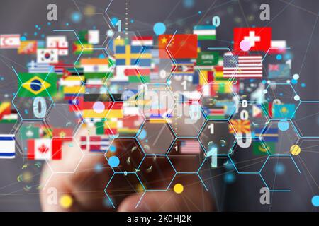 3D schwebende Symbole von Länderflaggen und binärem Code über einer Hand - ein Konzept der globalen Kommunikation Stockfoto