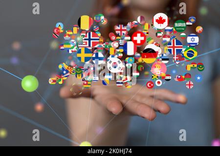 3D schwebende Symbole der Flaggen der Länder über einer Hand - ein Konzept der globalen Kommunikation Stockfoto