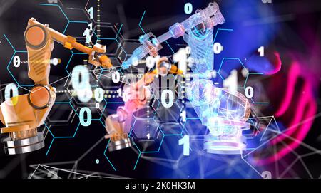 Ein 3D-Rendering einer abstrakten Technologiegruppe und einer Verbindung zu sozialen Netzwerken auf einem verschwommenen Hintergrund Stockfoto