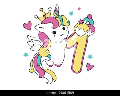 Niedliche Einhorn-Kollektion im Kawaii-Stil mit Nummer eins. Happy Birthday Konzept für einen Monat oder ein Jahr. Vektorgrafik mit einem Zeichen für ein Stock Vektor
