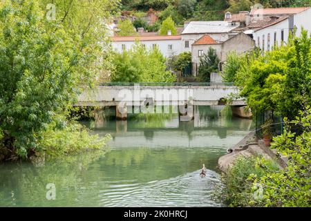 Ein malerischer Blick auf rote Dachhäuser und eine Brücke über den Fluss Almonda in Torres Novas, Santarem, Portugal. Stockfoto