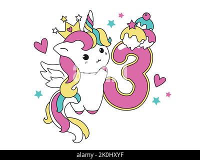 Niedliche Einhorn-Kollektion im Kawaii-Stil mit der Nummer drei. Happy Birthday Konzept für einen Monat oder ein Jahr. Vektorgrafik mit einem Zeichen für Stock Vektor