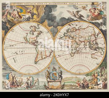 Schönes altes Farbbeispiel von Moses Pitt's Doppelhalbkugel-Karte der Welt. Veröffentlicht von Van Loon im Jahr 1661. Schöne Darstellungen von Zeus, Poseidon, Persephon Stockfoto