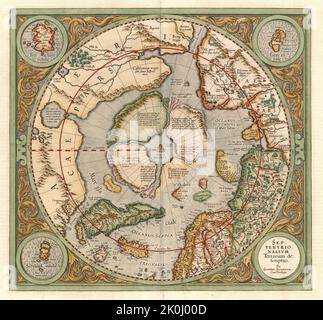 Antike Landkarte von Gerard Mercator 1633. Der Nordpol ist in der Mitte. Name: Sep Tentrio Nalium Terrarum de Scriptio. Stockfoto