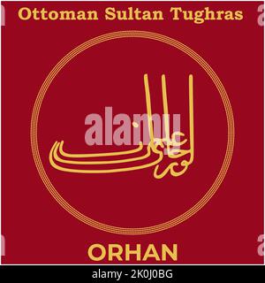 Vektorbild mit Tughra Unterschrift des osmanischen zweiten Sultans Orhan Ghazi, Tughra von Orhan mit traditioneller türkischer Malerei Hintergrund. Stock Vektor