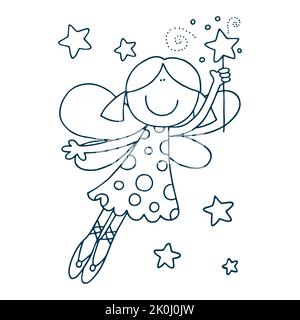 Kleine niedliche Fee in einem rosa Kleid mit Flügeln und einem Zauberstab. Illustration Clip-Art Märchen Mädchen auf einem weißen Hintergrund skizziert. Nettes Mädchen im Wagen Stockfoto