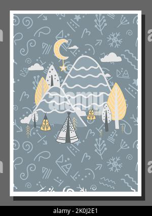 Poster für ein Kinderzimmer im nördlichen Stil. Skandinavischer Winterwald. Märchenwald. Hirsch.Weihnachten Stock Vektor