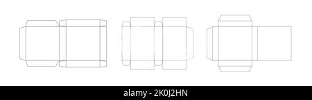 Satz von 3 Paketschablonen. Schema der Papierverpackung, geometrisches Modelllayout, schwarze dünne Vektorlinien auf weißem Hintergrund. Stock Vektor