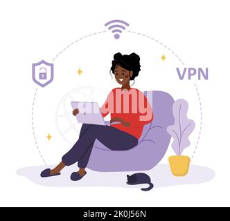 VPN-Dienst. Afrikanische Frau, die ein privates Netzwerk zum Schutz personenbezogener Daten nutzt. Schutz von DNS- und IP-Adressen. Software für Datenbanksicherheit. Vektor Stock Vektor