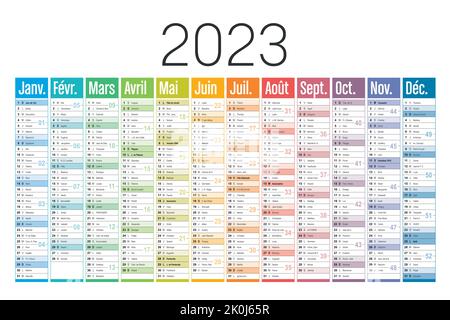 Jahr 2023 farbenfroher Kalender, in französischer Sprache, auf weißem Hintergrund. Vektorvorlage. Stock Vektor