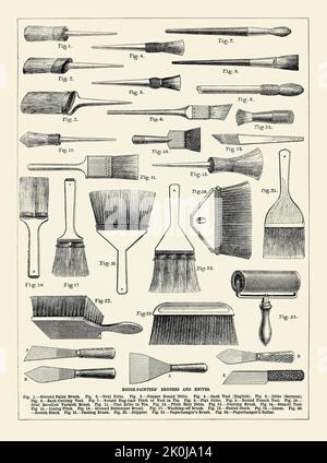 Eine alte viktorianische Gravur verschiedener Pinsel und Messer, die von Malern und Dekorateuren während dieser Zeit verwendet wurden. Es stammt aus einem Buch von 1890. Enthalten sind flache, ovale und runde Pinsel, Spezialbürsten für das Lackieren von Schiebefenstern, Pinsel zum Lackieren und Schablonieren sowie Pinsel und Rollen zum Aufhängen von Tapeten. Stockfoto