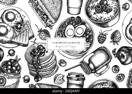 Frühstück nahtlose Muster Hintergrund-Design. Gravierte Ausführung. Handgezeichnetes Sandwich, Pfannkuchen, Schüssel mit Avocado, Haferbrei mit Beeren, Chia-Pudding Stock Vektor