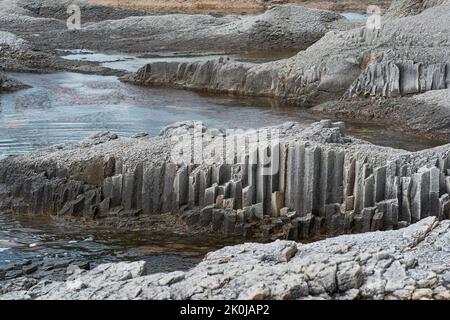 Küstenlandschaft mit wunderschönen säulenförmigen Basaltklippen bei Ebbe Stockfoto