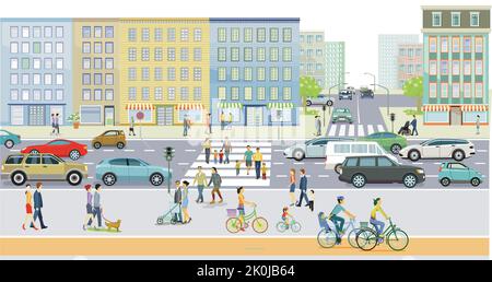 City Silhouette mit Straßenverkehr und Fußgängern auf dem Fußgängerübergang, Illustration Stock Vektor