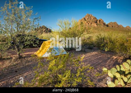 Zelt auf dem Campingplatz in der Nähe von Ragged Top Mountain, vor dem Kreosoten-Busch, Silver Bell Mtns, Sonoran Desert, Ironwood Forest National Monument, Arizona, USA Stockfoto